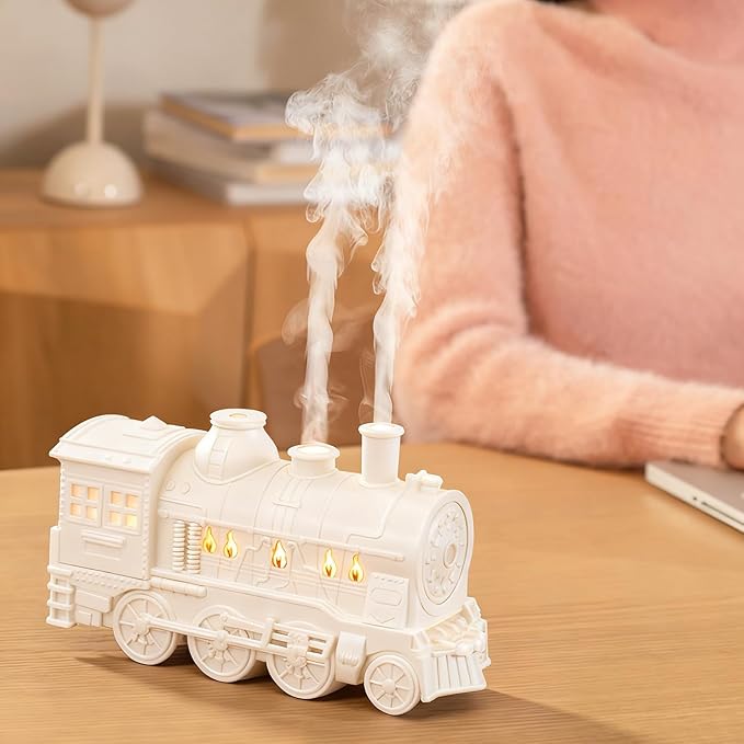 Diydeg Train Humidifier, Retro Train Shaped Essential Oil Diffuser With Night Light Dual Spray Modes 300Ml Cool Mist Humidifier For Home Decor Bedroom Desk (White)