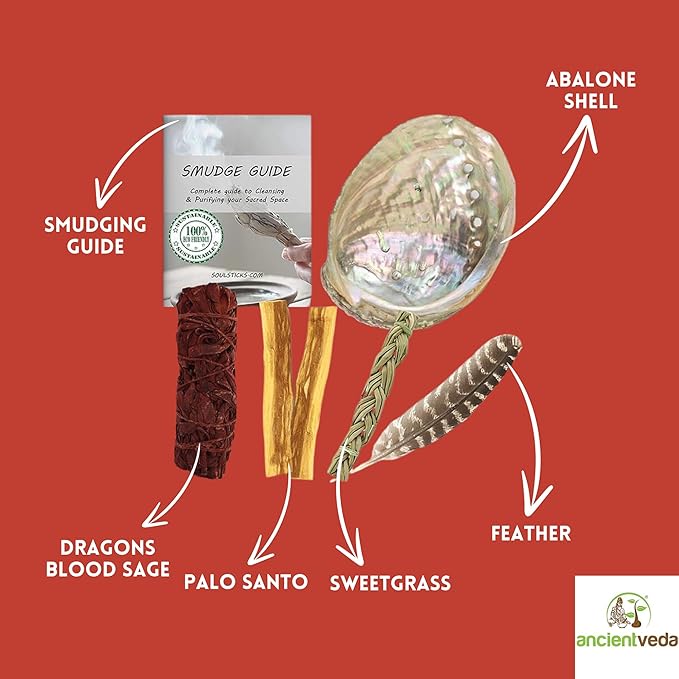 Ancient VEDA Organic Smudge Kit – Dragon's Blood, Palo Santo, Sweetgrass, Abalone Shell, Feather & Smudge Guide | Smudging Kit for Home Energy Cleansing, Meditation (Healer's Kit, Dragon's Blood Sage)