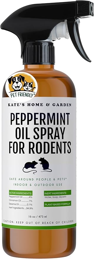 Kate Naturals Peppermint Oil Spray for Rodents, Squirrels, Mouse, Bat, Rat, Car Engines, Mice (16oz, Non-Toxic Rodent Repellent, Pet Safe)