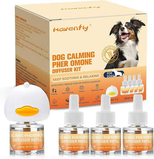 Dog Calming Pheromone Diffuser Kit - 1 Diffuser + 4×48ml Refills | Anxiety Relief for Dogs, Stress & Calming for Separation, Thunder, New Environments
