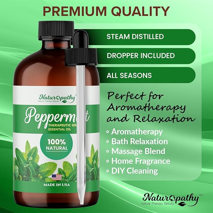 Naturopathy Peppermint Essential Oil, Natural Therapeutic Grade, Premium Quality Peppermint Oil, 4 fl. Oz - Perfect for Aromatherapy and Relaxation