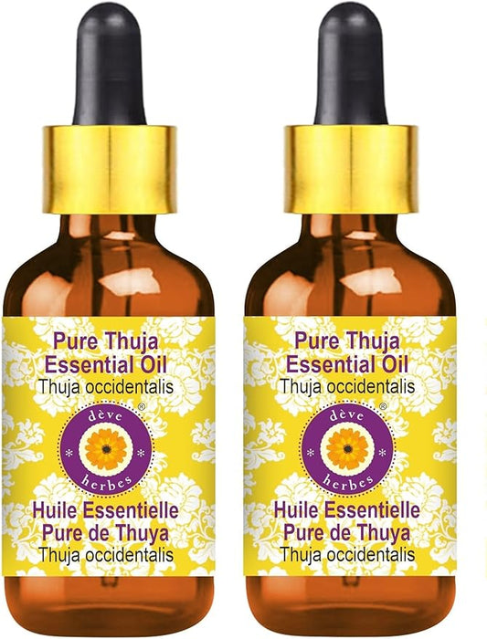 Deve Herbes Pure Thuja Essential Oil (Thuja occidentalis) with Glass Dropper Steam Distilled (Pack of Two) 100ml X 2 (6.76 oz)