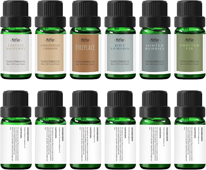 Fragrance Oils, MitFlor Winter Essential Oils for Diffusers for Home, 6 x10ml, Soap & Candle Making Scents, Premium Holiday Aromatherapy Gift Set -Frosty Fir, Hot Spring, Fireplace & More