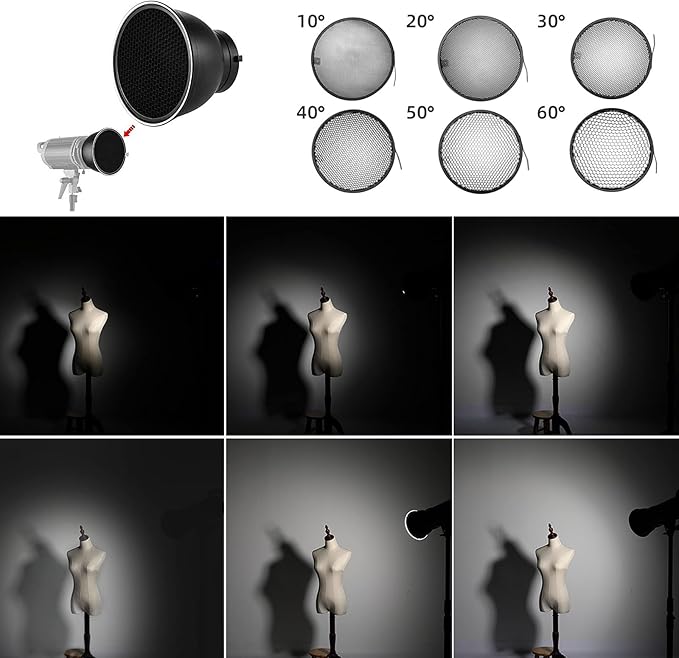 Soonpho Standard Reflector Beauty Dish Diffuser Lamp Shade 7"/ 18cm Photography with 10°/20°/30°/40°/50°/60° Degree Honeycomb Grid,6 Colors Soft Cloth for Studio Strobe Flash Light Speedlite