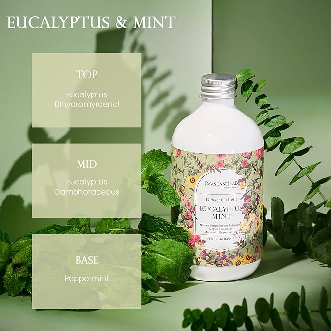 M&SENSE Eucalyptus Scent Diffuser Bundle - 6.3oz Eucalyptus Citrus Diffuser + 16.9oz Refill & 10 Sticks, Non-Toxic for Home Bedroom Spa