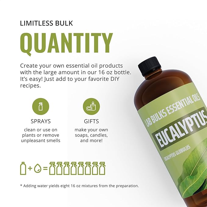 Lab Bulks Essential Oil Eucalyptus Essential Oil (2 Pack) for Diffusers, Home Care, Candles, Aromatherapy, 16 oz Bulk Bottle, Eucalyptus Oil Spray
