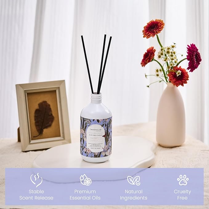 M&SENSE Jasmine Garland Scent Bundle - Reed Diffuser Oil Refill 16.9oz with 10 Sticks & Odor Eliminator Spray Natural Essential Oil Home Spa Office Pet Smoke Musty Smell Remover
