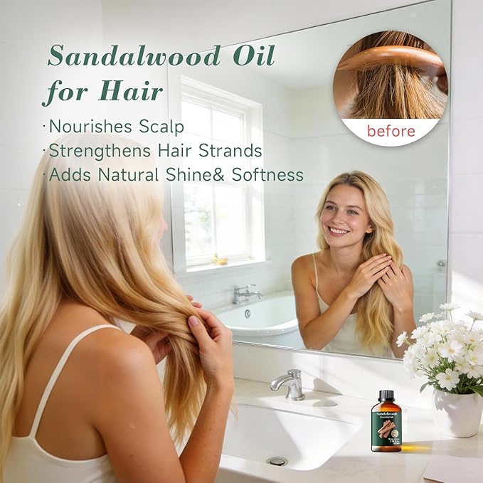 Sandalwood Essential Oil, Mumianhua Pure Sandalwood Oil, for Deep Meditation & Mood Balance, Luxurious Skin Serum & Diffuser Blend, Woody Base Note for Perfume, Candle Making, 3.38 Fl Oz