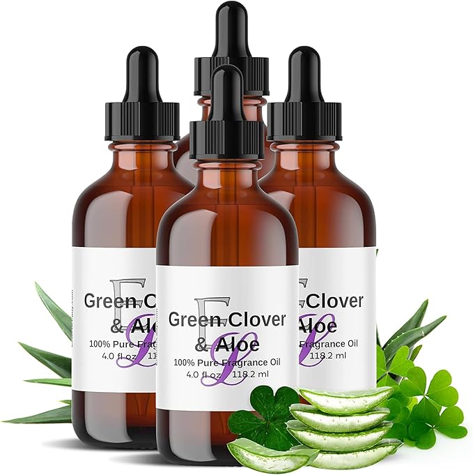 Green Clover & Aloe Fragrance Oil, 4 oz 4 Pack Premium, Long Lasting Diffuser Oils, Nostalgic, Clean & Fresh Essential Oils Similar to Disney World, Relaxing Crisp Green Leaf, Beach Waves Aromatherapy