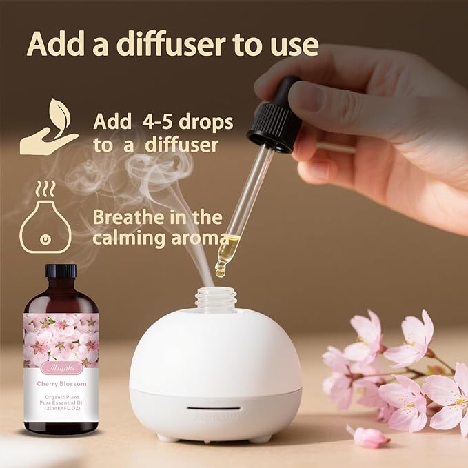 Cherry Blossom Essential Oil – MLYNKL Cherry Blossom Oils 4.33 fl oz for Diffusers, Humidifiers, Massage, DIY Candles, Soap, Cleaning, Home, Yoga, Office, Gifts - 130 ml