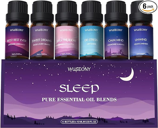 WUSEONY Sleep Essential Oils Set for Diffusers for Home, Set of 6 Essential Oil Blend Aromatherapy - Eucalyptus, Jasmine, Orange, Lavender, Cedar, Mint