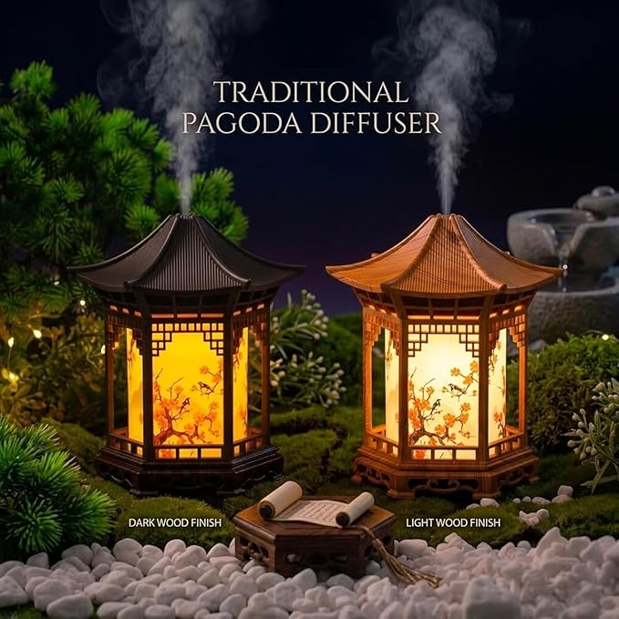 Zen Pavilion Lantern Essential Oil Diffuser & Night Light, 160ml Aroma Diffuser Dual Mist Modes, Zen Style Humidifier for Yoga, Meditation, Spa, Warm & White Light (B)