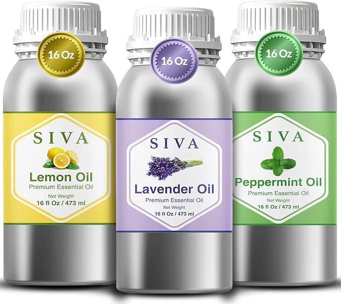 Siva Lavender, Lemon and Peppermint Essential Oil 16oz Bundle Super Saver Combo – Premium Grade Value Set for Aromatherapy, Skincare and Haircare