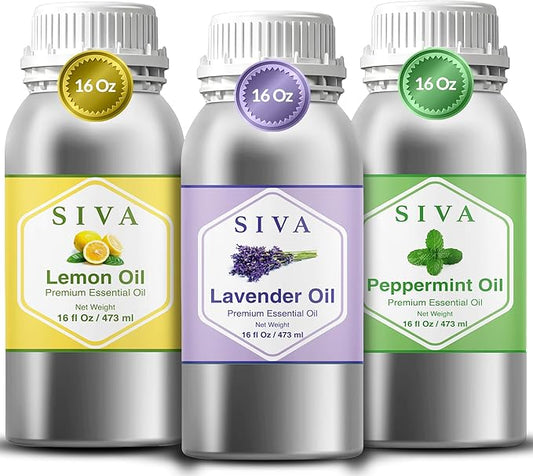 Siva Lavender, Lemon and Peppermint Essential Oil 16oz Bundle Super Saver Combo – Premium Grade Value Set for Aromatherapy, Skincare and Haircare