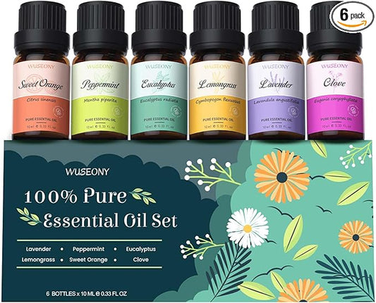 WUSEONY Top 6 Natural Aromatherapy Oils Gift Set, Essential Oils for Diffusers Home, Fragrance Oil Scent for Candle Soap Making - Lavender, Peppermint, Eucalyptus, Lemongrass, Sweet Orange, Clove