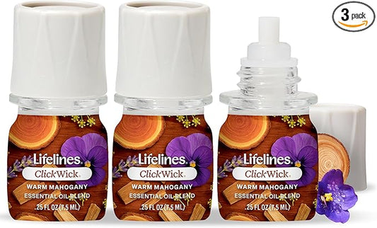Lifelines ClickWick Essential Oil Blends for Lifelines Diffusers, 3-Pack Warm Mahogany Set – Essential Oil Blend Refill for Candle, Plant & Shower Aromatherapy Diffuser – Fragrance for Diffusers