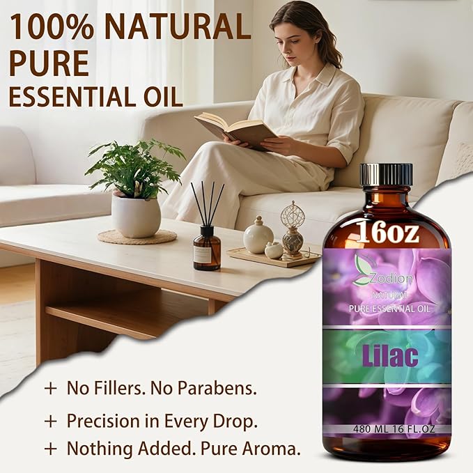 Lilac Essential Oil, 16 fl oz (480ml) - ZODION Lilac Fragrance Oil for Diffuser, Massage, Humidifier, DIY Candle, Soap Making, Home, Bath, Yoga