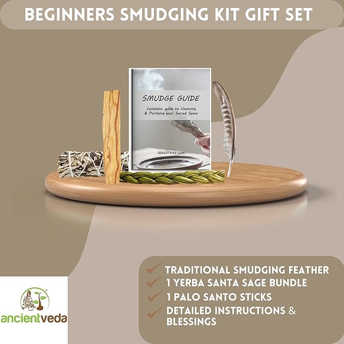 Ancient VEDA Organic Smudge Kit – Yerba Santa, Palo Santo, Sweetgrass Braid, Feather & Smudge Guide | Home Cleansing Kit for Meditation, Yoga, Energy Healing & Gift (Starter Kit, Yerba Santa Sage)