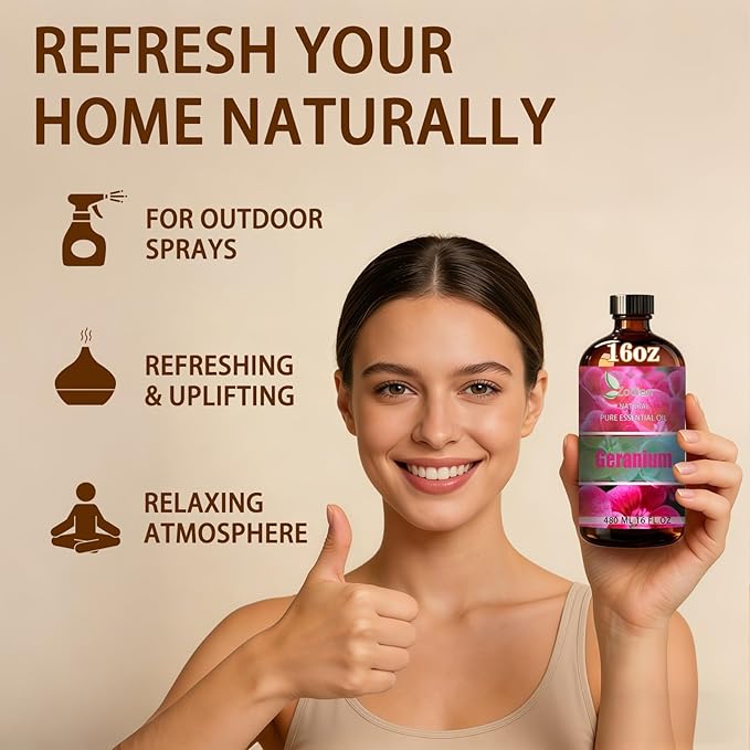 Geranium Essential Oil, 16 fl oz (480ml) - ZODION Geranium Fragrance Oil for Diffuser, Massage, Humidifier, DIY Candle, Soap Making, Home, Bath, Yoga