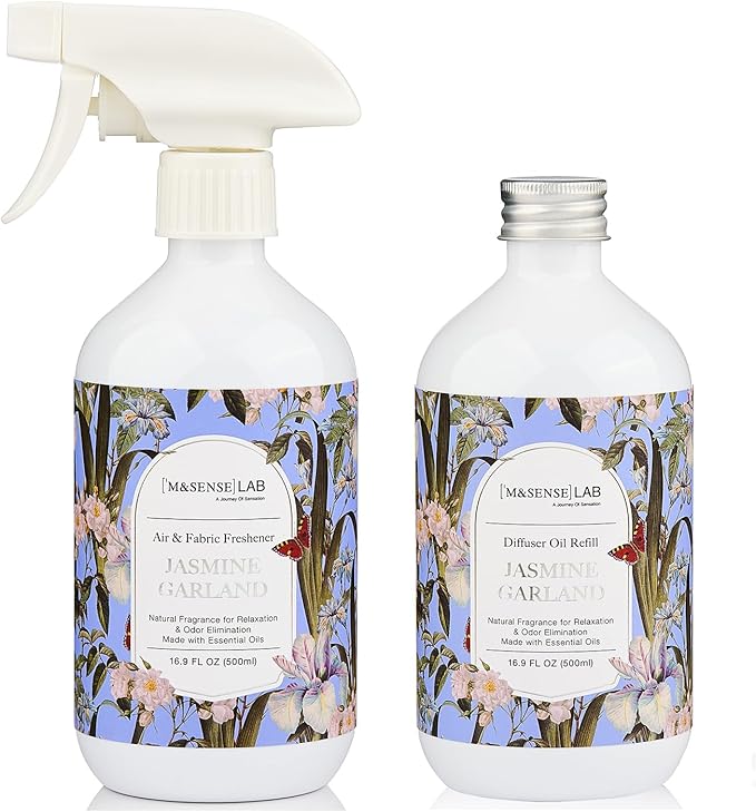M&SENSE Jasmine Garland Scent Bundle - Reed Diffuser Oil Refill 16.9oz with 10 Sticks & Odor Eliminator Spray Natural Essential Oil Home Spa Office Pet Smoke Musty Smell Remover