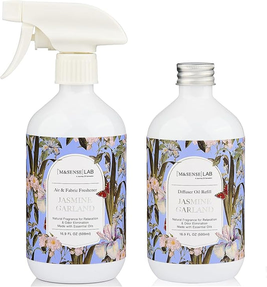 M&SENSE Jasmine Garland Scent Bundle - Reed Diffuser Oil Refill 16.9oz with 10 Sticks & Odor Eliminator Spray Natural Essential Oil Home Spa Office Pet Smoke Musty Smell Remover