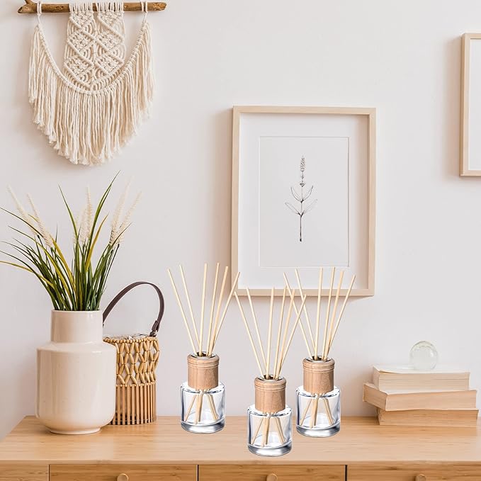 Roshtia 2 Set Reed Diffuser Bottle Empty Refillable Fragrance Glass Diffuser Bottles Set with Wooden Caps Sticks 50ml 1.7 oz Round Glass Jars for DIY Fragrance