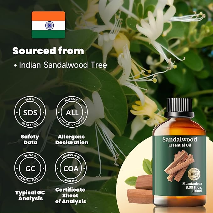 Sandalwood Essential Oil, Mumianhua Pure Sandalwood Oil, for Deep Meditation & Mood Balance, Luxurious Skin Serum & Diffuser Blend, Woody Base Note for Perfume, Candle Making, 3.38 Fl Oz