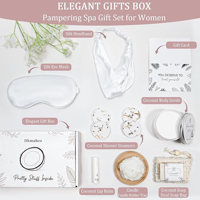 Mothers Day Spa Gifts for Women, Bath and Body Gift Basket Birthday Gifts for Women, Mothers Day Coconut Home Spa Set Relaxation Self Care Gift for Woman Mom Wife Sister, Body Care Set for Friends