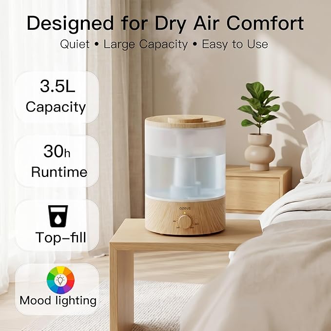 AZEUS 3.5L Ultrasonic Humidifier with 7-Colour Night Light, Aroma Diffuser Compatible Cool Mist Humidifier, Quiet & Adjustable for Bedroom, Nursery, Office