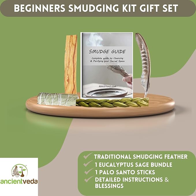Ancient VEDA Organic Smudge Kit –Eucalyptus, Palo Santo, Sweetgrass Braid, Feather & Smudge Guide | Home Cleansing Kit for Meditation, Yoga, Energy Healing & Gift (Starter Kit, Eucalyptus Sage)