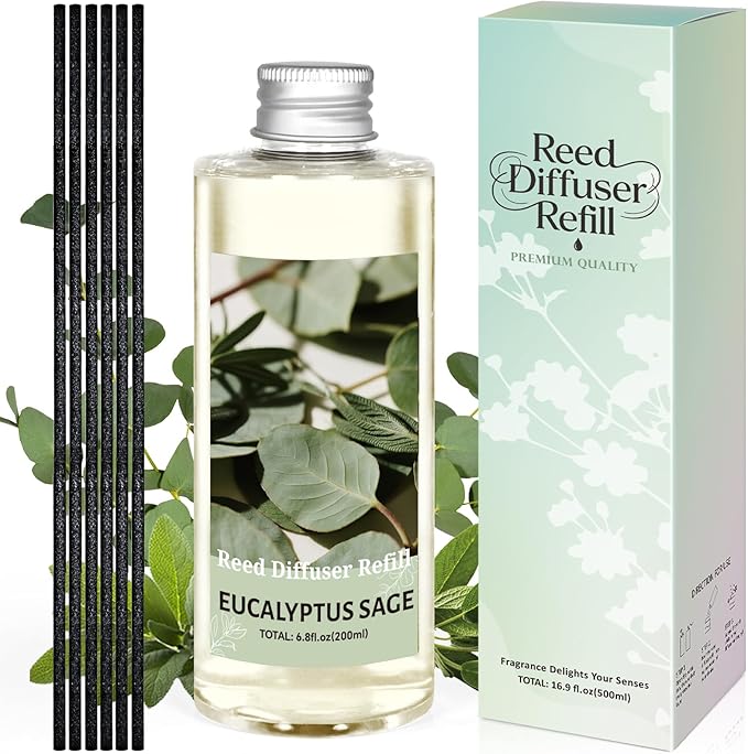 STRN Reed Diffuser Oil Refill, Eucalyptus Sage Scented Reed Diffuser Set, 6.8 fl.oz（200ml, Reed Diffuser Refill for Home Fragrance, Bedroom, Bathroom Office Home Decor