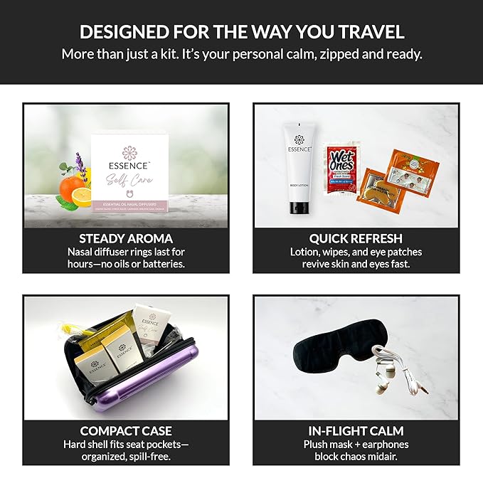 Essence Travel Amenity Kit | Travel Essentials & Travel Size Toiletries Kit | 5-Pack Nasal Diffuser Rings, Sleep Mask, Lotion & Hygiene Kit | Travel Toiletry Kit for Women | Red Case
