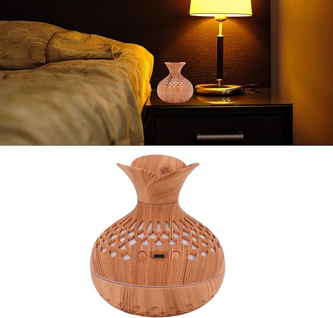 Humidifier , Flower Vase Shape Wood Grain 300ml Aromatherapy Diffuser USB Powered for Bedrooms (Amber)