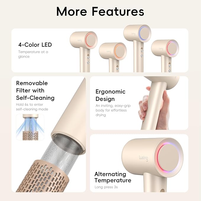 Hair Dryer, TurboLux Ionic 200 Million Negative Ions Fast Drying High Speed Hairdryer with Diffuser, Lightweight, Low Noise 1500W Hair Diffuser Dryer with 110000 RPM Brushless Motor (Cream)