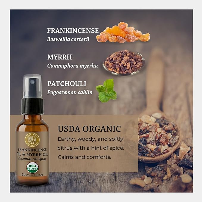 Silk Road Organic Frankincense Oil & Myrrh Essential Oil Spray, 100% Pure USDA Certified Aromatherapy for Body Aches, Stiffness & Tingling, Stress Relief, & Skin - 1 Oz Spray