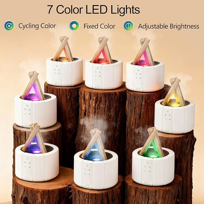 Campfire Flame Diffuser for Essential Oils, 250ml Ultrasonic Cool Mist Aromatherapy Humidifier with Remote Control, 7-Color LED Lights, Timer & Auto-Off for Home, Office & Bedroom (White)