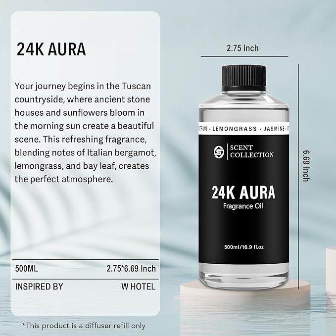 Luxury Hotel Scent 24K Aura 500ml/16.9Fl oz Diffuser Oil Waterless Essential Aromatherapy for Cold Air & Car Diffusers – Long Lasting Refill for Large Room & Home - Signature Lemongrass