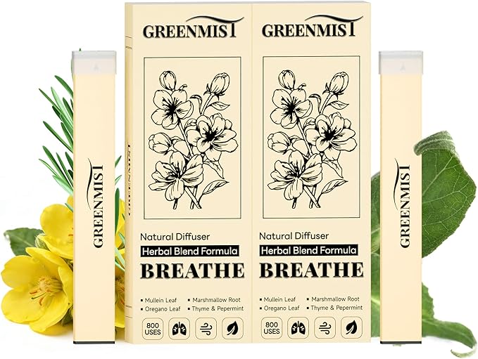 GreenMist Mullein Diffuser Pen - Refreshing Blend with Mullein Marshmallow Root Thyme Mint & Oregano Leaf - 800 Uses All-Natural Botanicals, 2 Packs