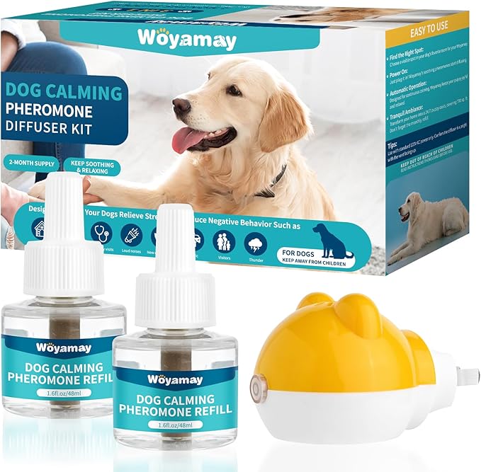 Woyamay Dog Calming Diffuser - Dog Pheromones Calming Diffuser for Dog Anxiety Relief 3-in-1 Dog Pheromone Diffuser Kit with 1 Diffuser + 2 Refill 48ml Vial - 60 Days Pheromone Diffuser to Calm Dogs