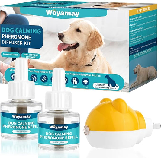 Woyamay Dog Calming Diffuser - Dog Pheromones Calming Diffuser for Dog Anxiety Relief 3-in-1 Dog Pheromone Diffuser Kit with 1 Diffuser + 2 Refill 48ml Vial - 60 Days Pheromone Diffuser to Calm Dogs