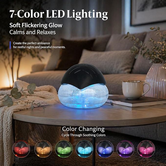 Air Freshener（Black） - for Home, Bedroom, Office and Warehouse - Essential Oil Aroma Diffuser with LED Color Night Light and Soothing Water Flow Sound - for Pets and Smokers.