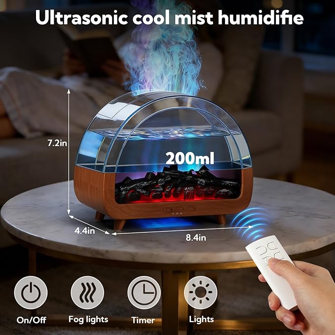 3 Pack Flame Essential Oil Diffuser 200ml Ultrasonic Cool Mist Humidifier 12 Colors LED Light with Remote Control Aromatherapy Diffuser for Home Bedroom Hotel Office Spa Yoga,Wooden Grain