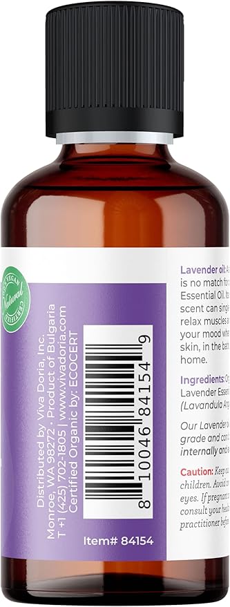 Viva Doria Lavender Essential Oil, USDA Certified, Organic Lavender Oil, 100% Pure, Natural Essential Oil, Undiluted, for Aromatherapy | Food Grade, 30 mL (1 Fluid Ounce)