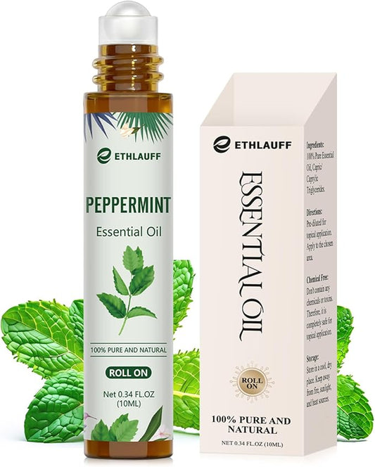 Peppermint Essential Oil Roll On, Natural Aromatherapy Oil Blend Roller with Fresh Minty Aroma - Headache, Stress Relief, Self Care Gifts for Women