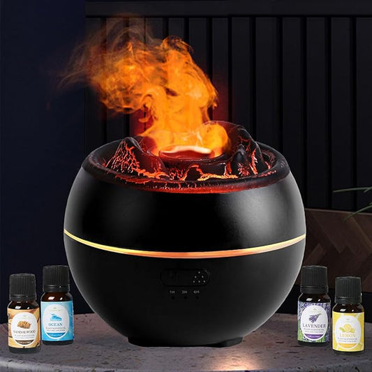 Volcano Essential Oil Diffuser, Volcano Flame Aromatherapy Diffuser, 7 Colors Fire Light & 4 Essential Oils, 360ml Auto-Off Cool Mist Ultrasonic Humidifier/Diffuser for Home Party Holiday