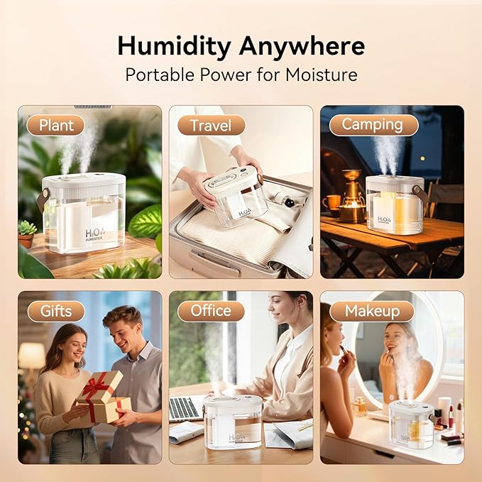 DIGIX Rechargeable Portable Humidifier-Smart Display,Night Light,Easy Clean,1.4L Small Humidifiers for Bedroom Baby, Personal Mini Humidifier for Travel Home Plants,3 Mist Modes, Auto Shut-Off (White)