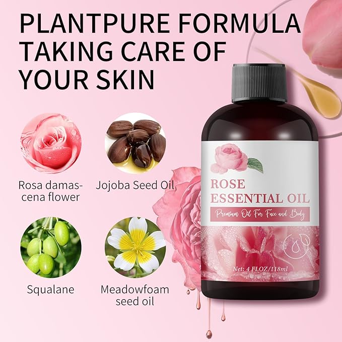 Rose Essential Oil for Face 4OZ Organic Cold Press Essential Oils for Aroma Diffusers Steamer Home Rooms Natural Rosa Scented Fragrance Oils for Soap Making Candles Face Body Skin Massage Oil