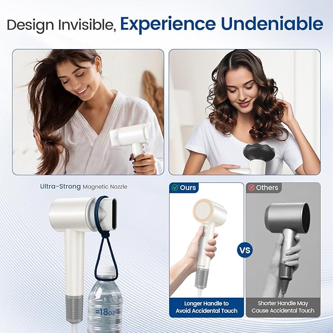 Hair Dryer with 150000 RPM High Speed 1400w Motor for 1-5min Fast Dry, 3 Heat/Cool Wind Level & 49db Low Noise,1.5 Billion Plasma & Industry-Leading Strong Magnetic Nozzle Diffuser Travel Blow Dryer