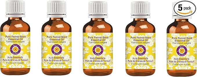 Deve Herbes Pure Fennel Seed Essential Oil (Foeniculum vulgare) Steam Distilled (Pack of Five) 100ml X 5 (16.9 oz)