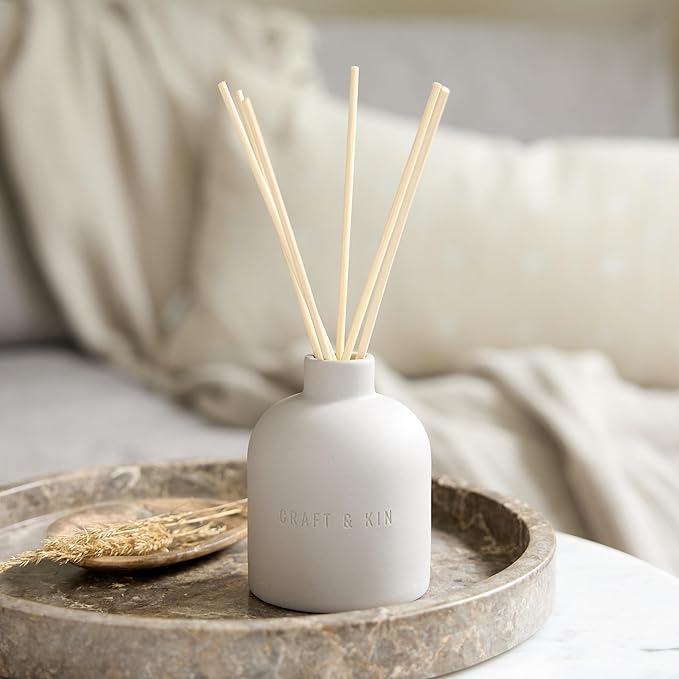 Craft & Kin Reed Diffuser for Home & Bathroom – Rose & Oud Holiday Reed Diffuser Set with Fragrance Sticks, Long-Lasting Alcohol-Free Scent, Earthenware Collection, 6.7oz